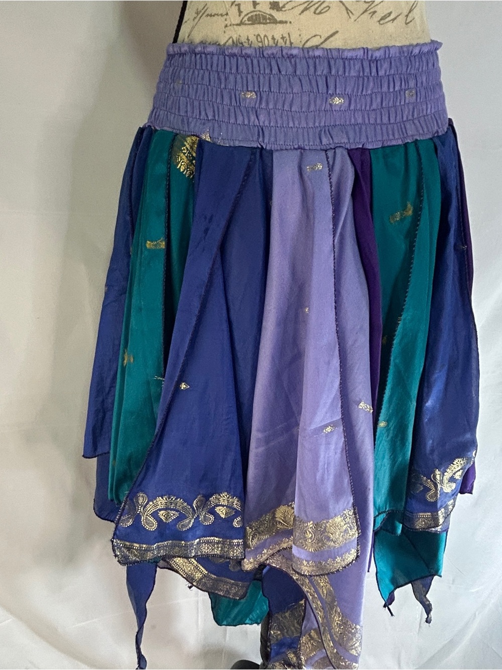 100% Silk Sari Handmade Handkerchief Skirt Boho Smocked Pixie Fairy Peacock⁠ - Picture 4 of 12
